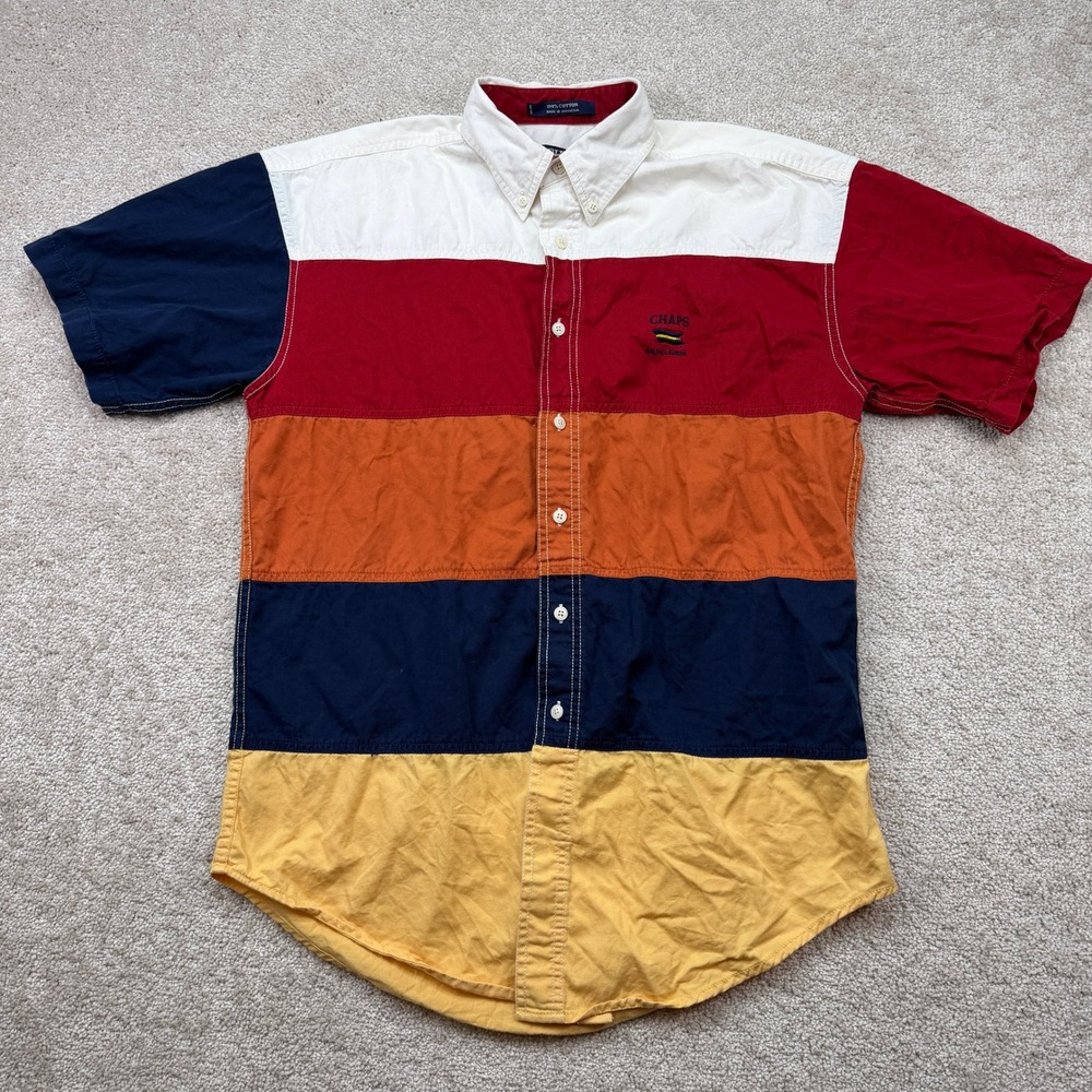Vintage 90s Chaps Ralph Lauren Men M Button Down Shirt Colorblock Short Sleeve